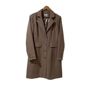 Linea Louis Dell'Olio Tan Button Down Ponte Notched Lapel Long Trench Coat Sz 12